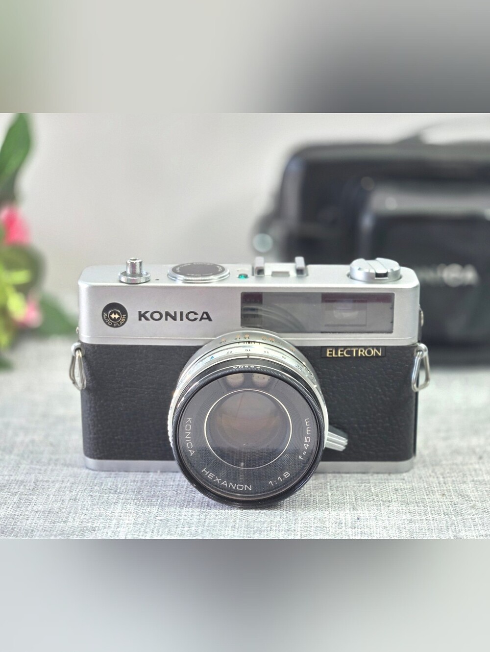 Vintage Konica Electron 35mm Rangefinder Camera w/ Hexanon 45mm f/1.8 & Bag Work